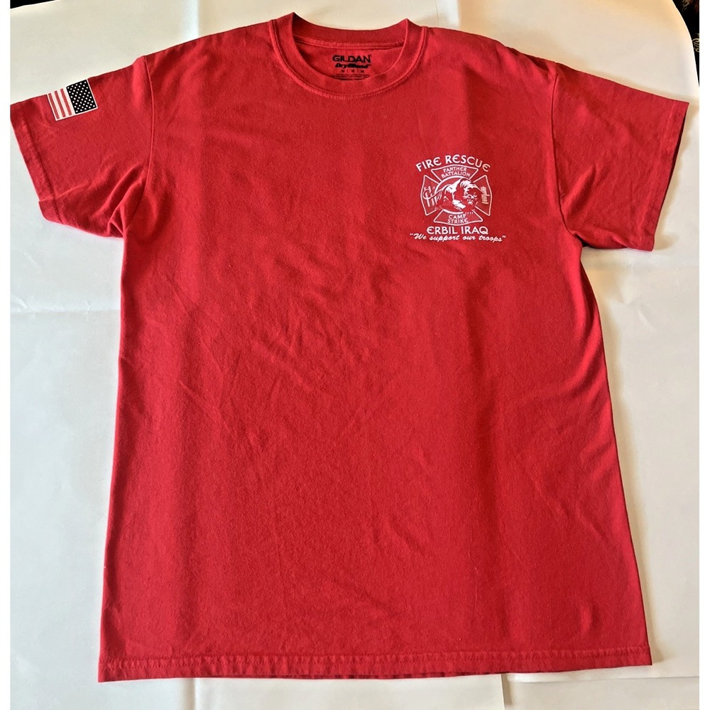 Gildan Fire Rescue Panther Battalion Erbil Iraq Tee Red US Flag Sleeve Men's M